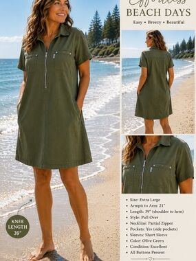 Title: Chic Size XL Olive Green Cotton Zip-Front Utility Shirt Dress